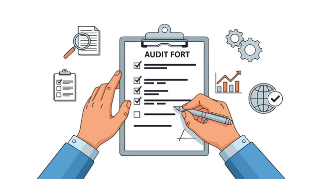 Two hands holding a clipboard labeled audit fort while marking checkboxes with a pen amidst various business icons in a bright professional setting.