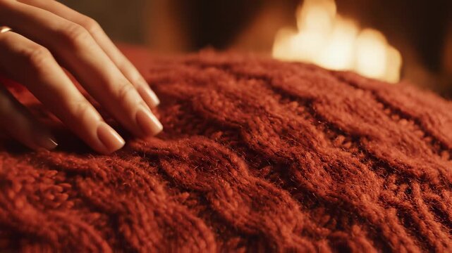 Cozy Hand Gently Strokes Red Cable Knit Fabric by Firelight