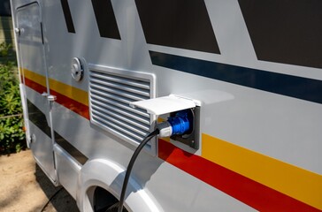 Camper van electrical hookup with power cable connected to RV outlet for mobile travel energy supply concept © AnastasiiaAkh