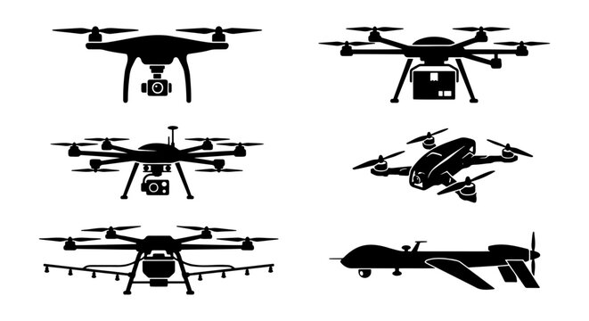Drone silhouette icons, 6 flying uav vector set, delivery and camera drones