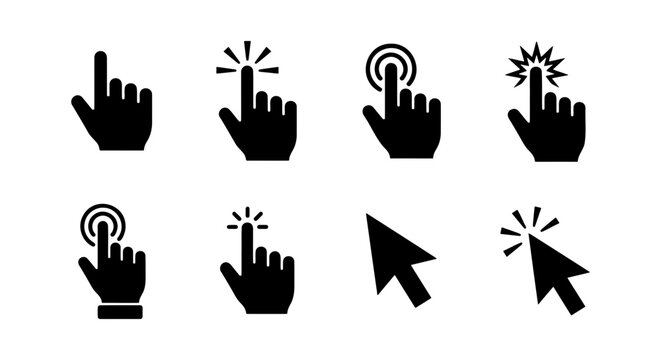 Black cursor icons, hand pointer and arrow clicker set, 8 vector elements