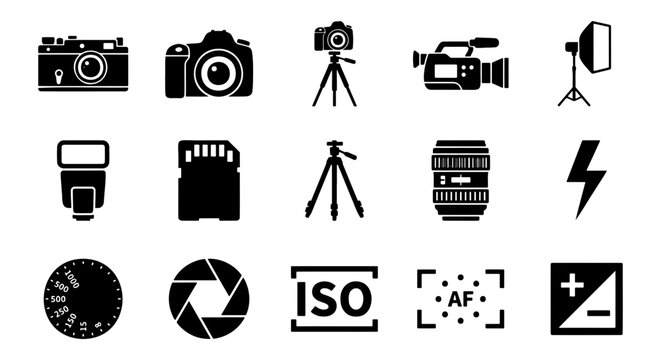 Photography equipment icons, 15 camera gear vector set, studio tools