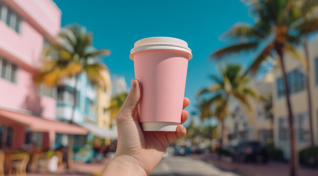 Hand Holding a Pink Coffee Cup Against a Sunny Miami Beach Art Deco Street