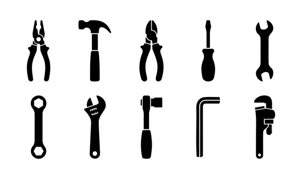 Industrial hand tools icon set, 10 black vector silhouettes, repair equipment