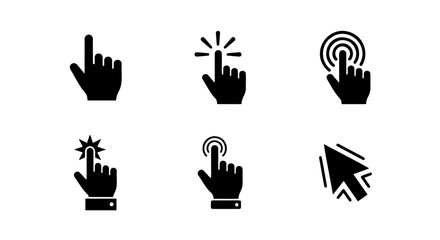 Fototapeta premium Minimalist hand cursor icons, black clicker pointers, 6 vector elements