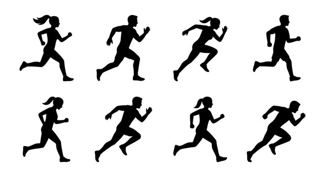 Running people silhouettes, 8 athlete vector icons, jogging man and woman