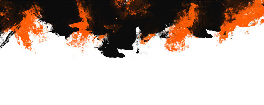 Abstract black and orange grunge watercolor border texture background. The vivid dual-tone paint splatter creates an aggressive, high-impact upper edge optimized for dynamic graphic presentations.