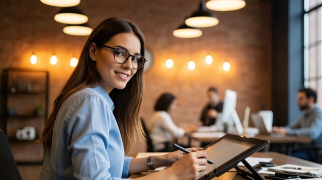 Young Caucasian woman digital artist using a stylus on a tablet in a coworking office