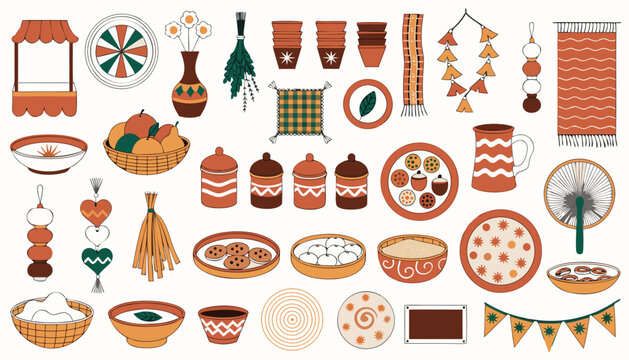 Icon sheet collection of food and bazaar equipment featuring bowl, plate, bazaar tent, and more. Perfect for icon, sign, sticker, and more design needs