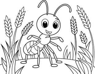 Fototapeta premium cute cartoon ant standing in wheat field, line drawing