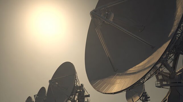 Array of massive radio telescopes turning to the sky, connecting astronomy, technology, and space communication, symbolizing global connection and scientific exploration for advanced research