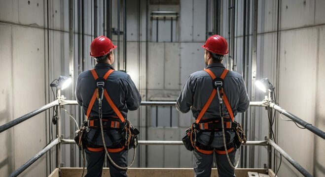 Two adult male technicians in safety harnesses inspecting an elevator shaft at a construction site