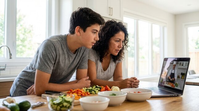 Mother and son watching a cooking tutorial on a laptop, preparing vegetables. Bright modern kitchen. Family culinary skills.