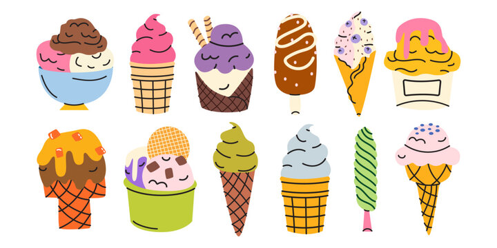 Large set of various ice cream in cartoon style. Waffle cones, cups and popsicles with different toppings. Hand drawn colorful summer dessert collection. Sweet treats vector illustration