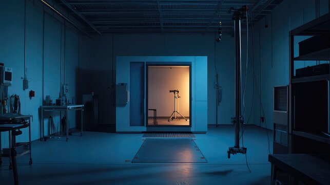 Research laboratory with an open isolation chamber emitting a warm glow, creating a strong contrast with the cool blue ambient lighting and surrounding scientific instruments