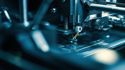 Fototapeta premium Industrial 3d printer operating, extruding precise material layers on a dark surface, highlighting advanced additive manufacturing technology and automated production process