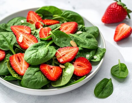 Delicious and vibrant fresh spinach and strawberry salad with crunchy almond slivers presented in a white bowl, perfect for a healthy light meal