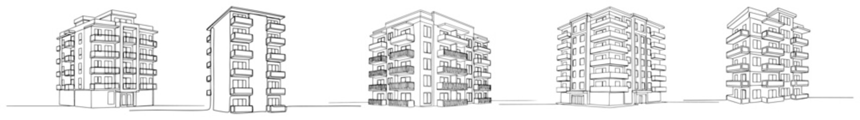 Fototapeta premium Multiple perspective views of a modern multi story apartment building in clean line art style