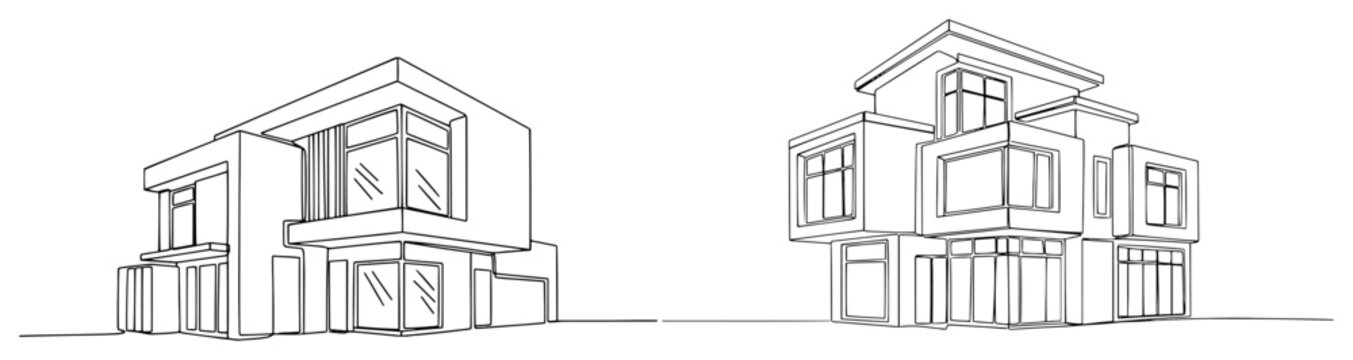 Perspective architectural drawings of modern minimalist villa houses with flat roofs