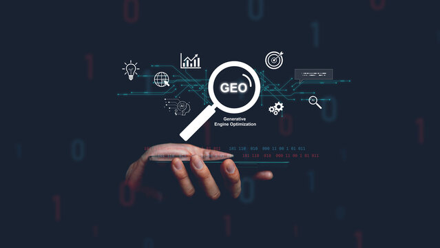 Hand hold smartphone with GEO generative engine optimization interface and magnifying glass icon, AI search optimization, data analysis, digital marketing strategy and advanced technology concepts.