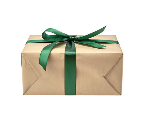 Rectangular package wrapped in brown paper tied with green ribbon