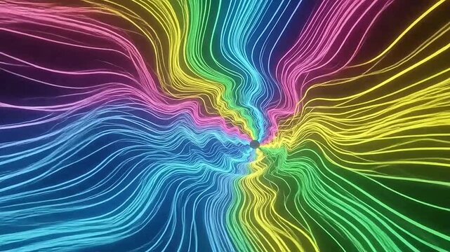 Abstract background with colorful glowing lines flowing into a dark center point