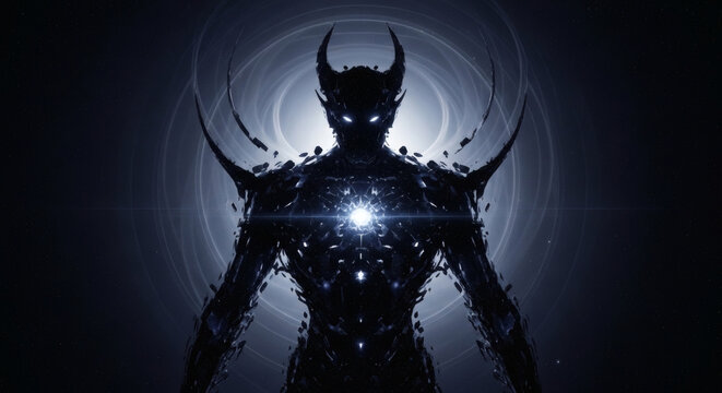 Dark cosmic demon with glowing core and horns in mystical energy aura