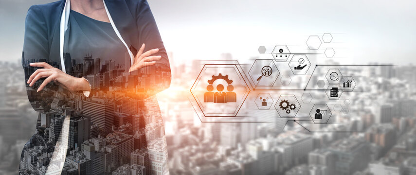 Business management system showing teamwork, productivity, and planning. Management supports goal, management tracks progress, management improves teamwork, and enhances productivity. Vouch