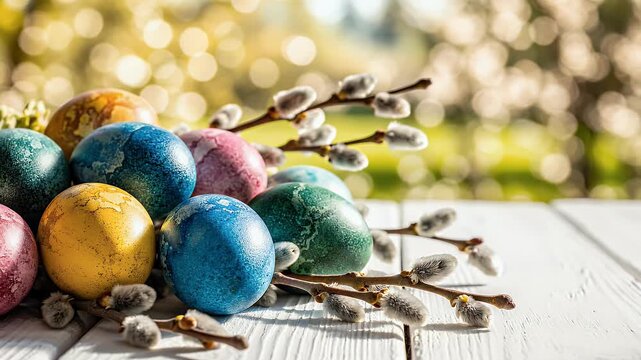 A Spring Burst of Color and Tradition: A beautiful close-up of colorful Easter eggs and delicate pussy willow branches, artfully arranged on a white wooden table. The bright, natural background with 