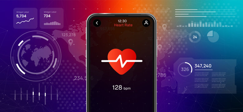 Smartphone displaying heart rate monitoring application with pulse line futuristic digital data background mobile health app