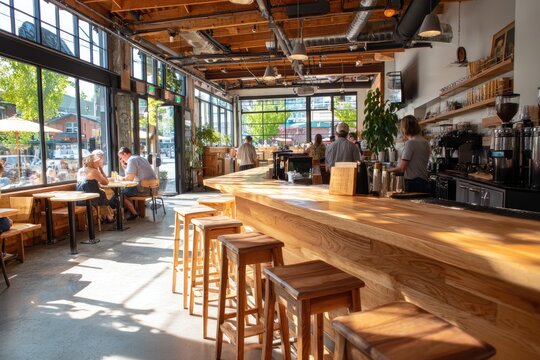 Sunlit modern cafe interior with a long wooden bar and seated customers inside