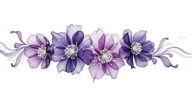 Ultra realistic abstract purple flowers with translucent petals, white stamens, and flowing smoke tendrils, top-down view on white background, sharp detail, concept of ethereal floral beauty