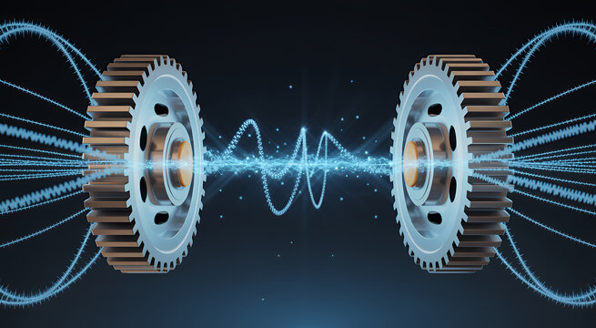 Two industrial gears transmitting a glowing blue wave of energy particles across dark background