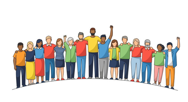 Digital illustration of diverse people in a show of unity, their arms around each other in a spirit of cooperation and teamwork, hopeful for progress in the world against a clean white