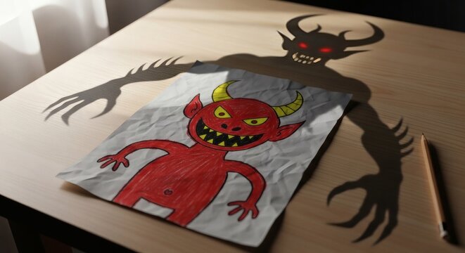 Child drawing demon becomes real as shadow with glowing eyes on desk