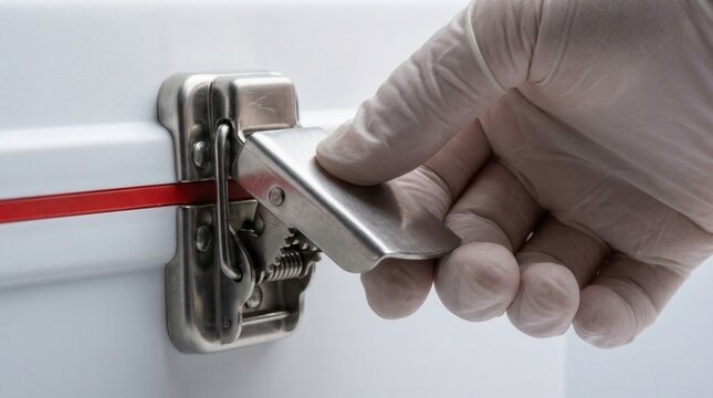 Gloved hand securing metal latch on a white blood donation box with red security seal, emphasizing safety and hygiene in medical storage