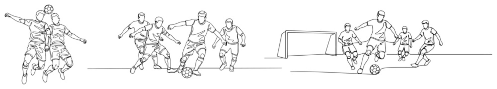 Continuous line drawing of multiple soccer players in action dribbling and scoring