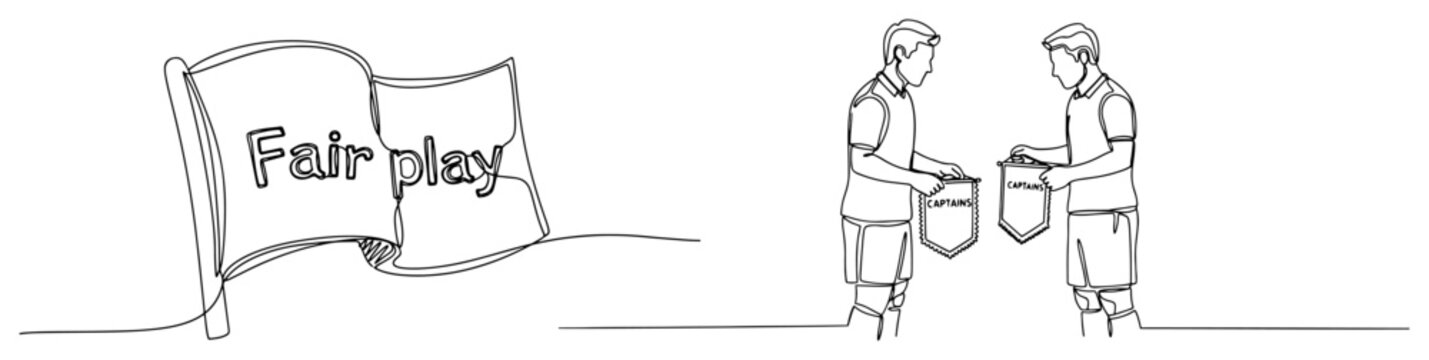 Continuous one line drawing of soccer captains exchanging pennants and fair play flag