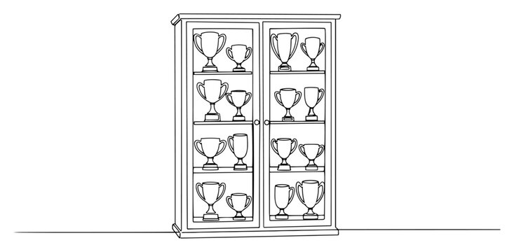 Continuous line drawing of a trophy cabinet filled with sports awards and cups
