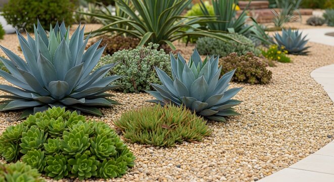 Modern Xeriscape Garden featuring diverse drought-tolerant succulents and agaves amidst decorative gravel pathways