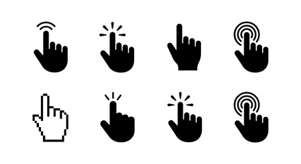 Fototapeta premium Minimalist hand cursor icons, 8 clicking pointer vectors, touch gestures