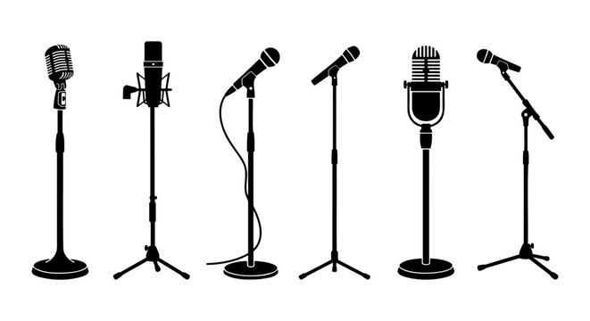 Vintage microphone silhouettes, 6 podcast mic icons, audio equipment vector