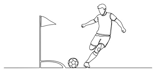 Continuous one line drawing of a football player taking a corner kick on the pitch © Wieslaw