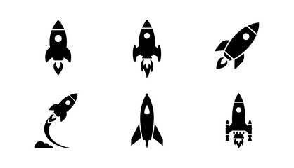 Rocket ship icon set, black space shuttle vectors, 6 startup launch symbols © sogir