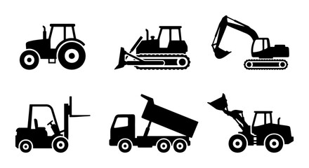 Construction vehicle icons, heavy machinery set, 6 industrial vector silhouettes © sogir