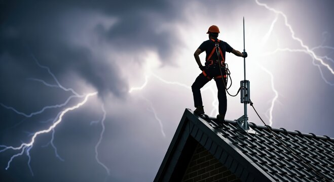 Professional Lightning Protection Technician Installing Rod on Roof During Storm