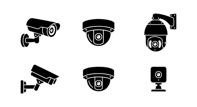 Security camera icon set, 6 surveillance vector elements, CCTV monitoring