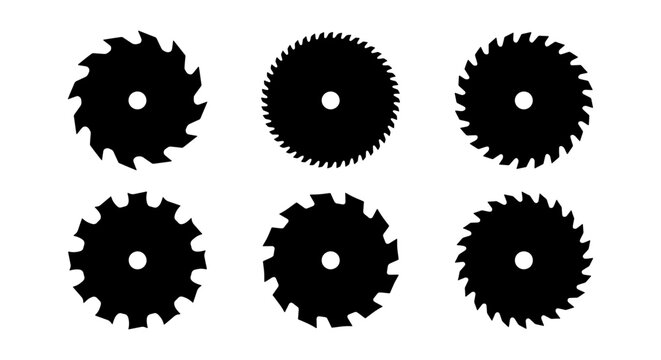 Industrial circular saw blade silhouettes, 6 metal cutting disc vectors