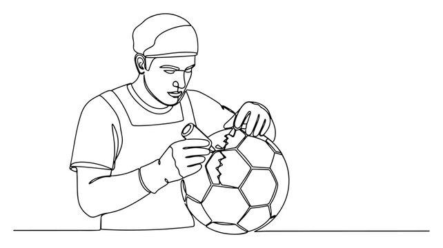 One line illustration of a surgeon repairing a broken soccer ball with medical tools