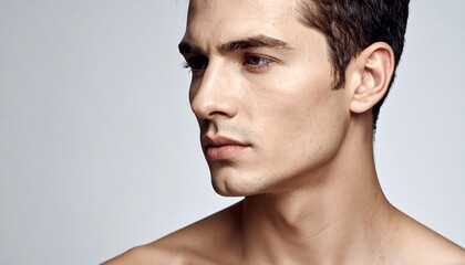 Naklejka premium A close-up portrait of a fair-skinned man, angled, revealing his profile against a neutral gray background. His gaze is directed to the side